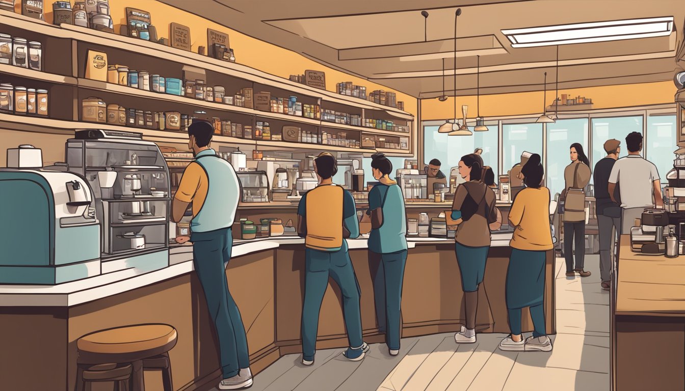 A bustling coffee shop with shelves of various coffee brands in the background, customers waiting in line, and a barista behind the counter