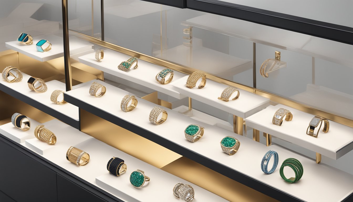 A display of iconic bracelet brands arranged on a sleek, modern showcase. Each bracelet features unique designs and materials, showcasing the diversity of styles available