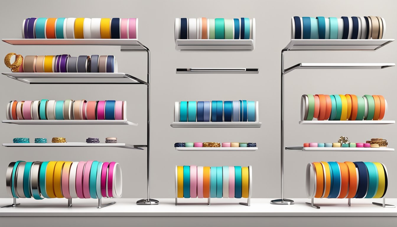 Colorful display of trendy bracelets from affordable and accessible brands, arranged neatly on a sleek, modern display stand