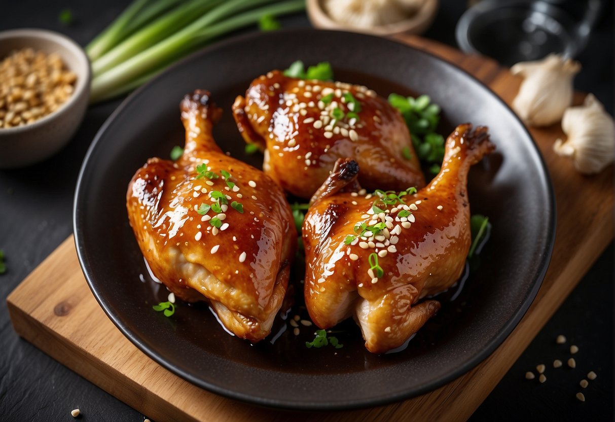 Chicken marinated in soy sauce, ginger, and garlic. Baked in oven until golden brown and crispy. Served with sesame seeds and green onions