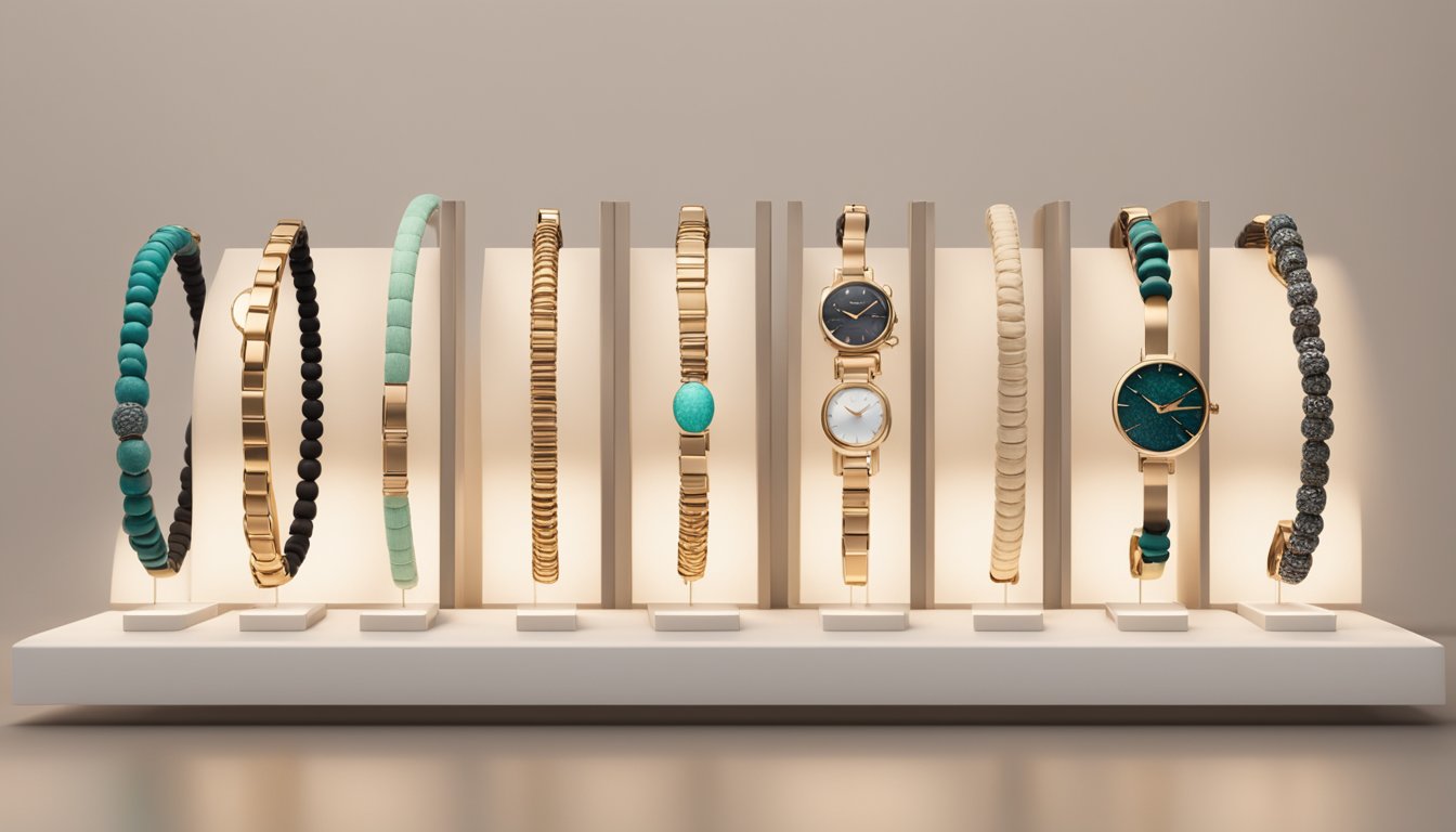 A display of eco-friendly and ethical bracelet brands, featuring natural materials and minimalist designs. Displayed on a sleek, modern stand with soft lighting