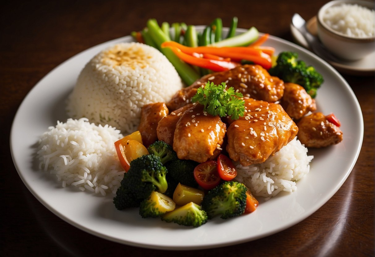 A platter of golden-brown Chinese baked chicken surrounded by vibrant stir-fried vegetables and a side of steamed white rice