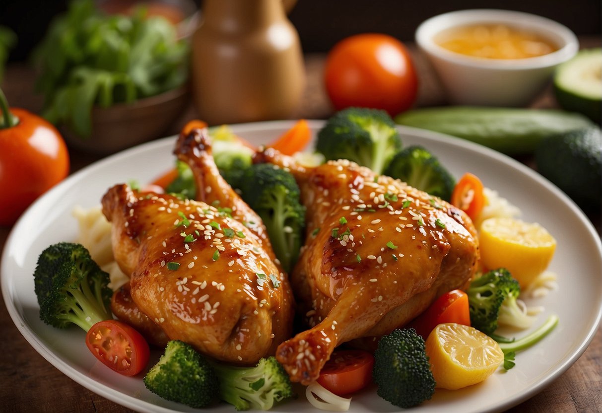 A plate of Chinese baked chicken with nutritional information displayed next to it. The chicken is golden brown and glistening with sauce, surrounded by vibrant vegetables