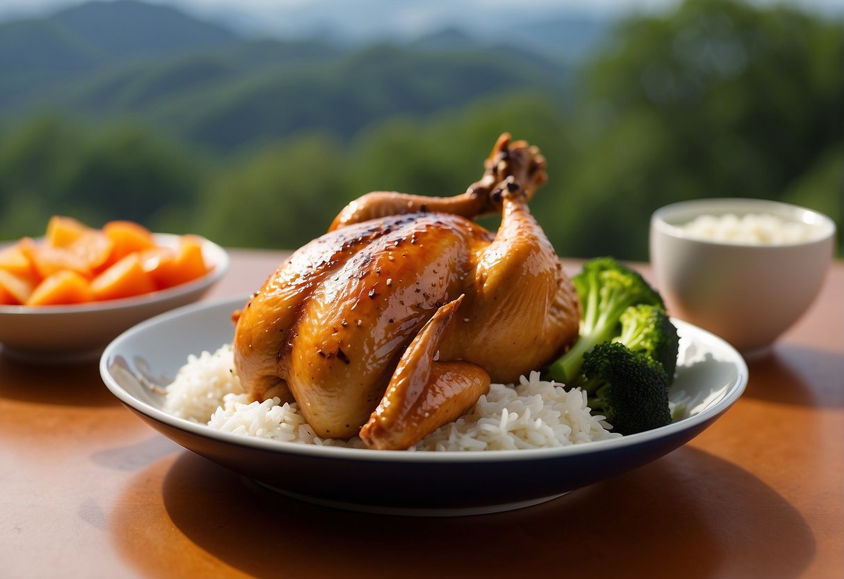 A whole chicken marinated in soy sauce, ginger, and garlic, then baked until golden brown. Served with a side of steamed vegetables and rice