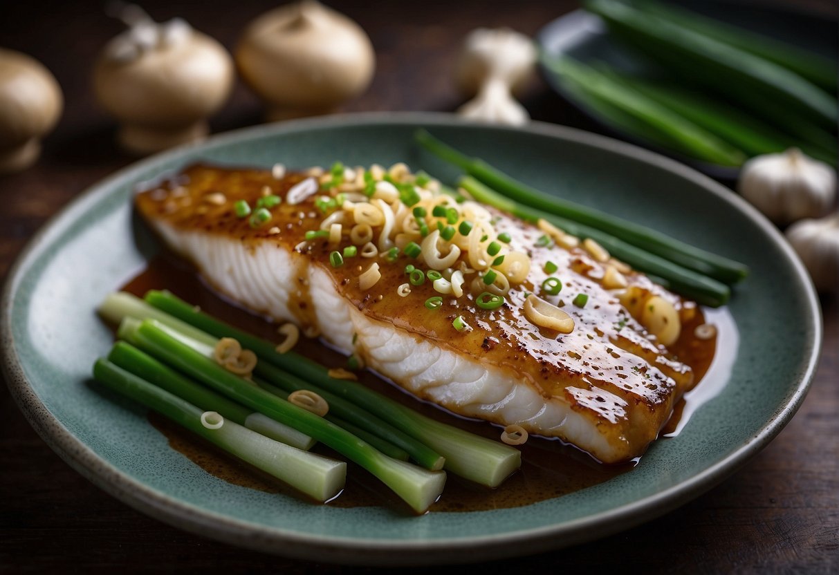 A whole cod fish covered in a flavorful Chinese marinade, surrounded by fresh ginger, garlic, and green onions, ready to be baked to perfection