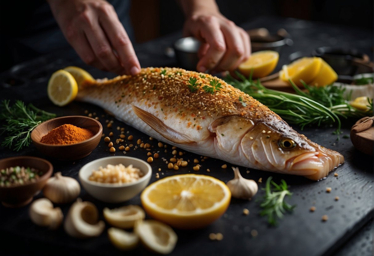 A chef sprinkles spices on a whole cod fish before placing it in the oven. The fish is surrounded by various ingredients like garlic, ginger, and soy sauce