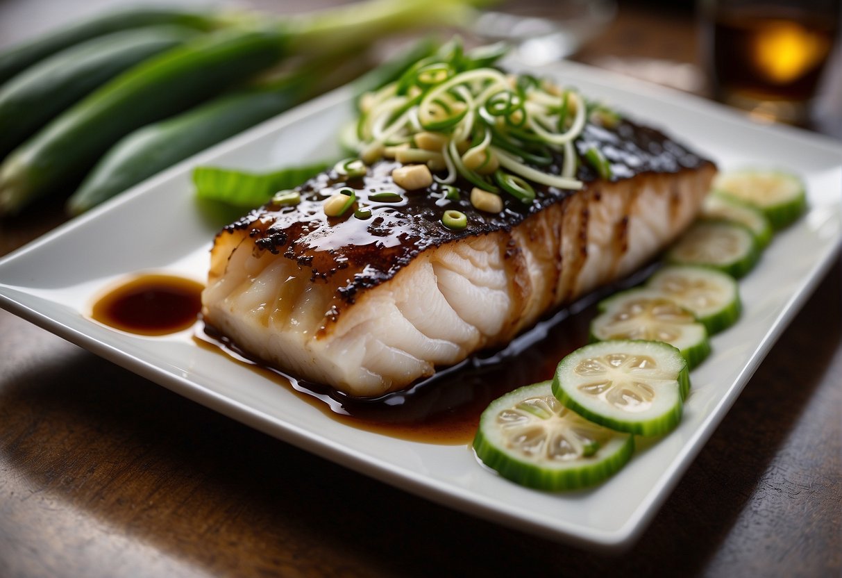 A whole cod fish on a bed of sliced ginger and spring onions, drizzled with soy sauce and oyster sauce, ready to be baked