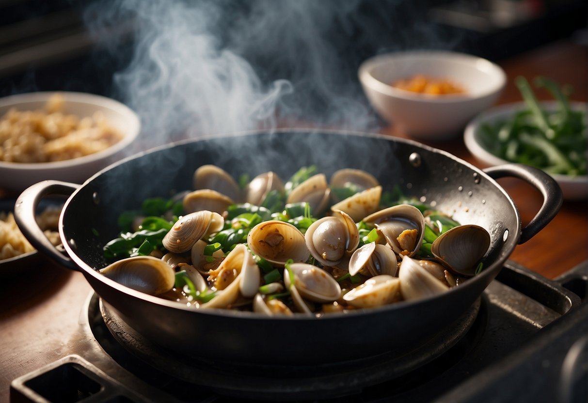 A wok sizzles as clams are stir-fried with ginger, garlic, and green onions in a savory Chinese sauce. Steam rises as the clams open, releasing their briny aroma