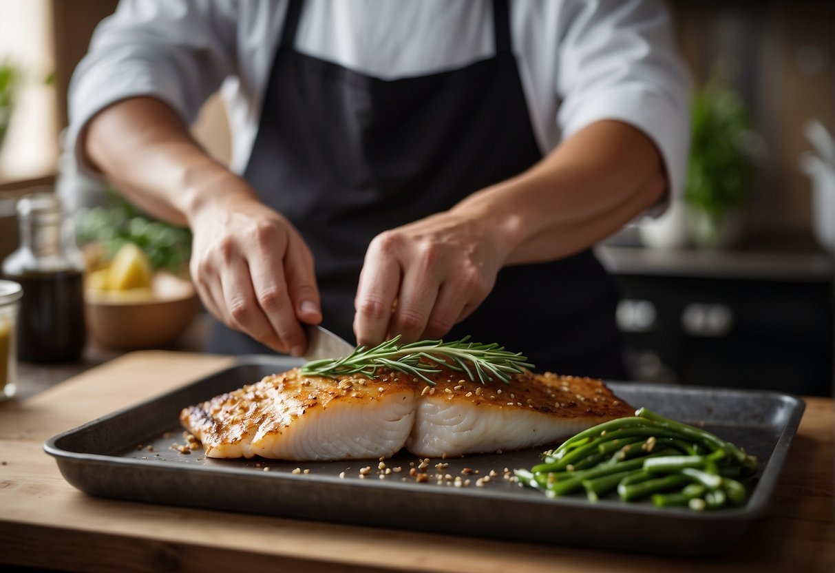 A chef seasoning a whole cod with soy sauce, ginger, and garlic before placing it on a baking tray lined with parchment paper