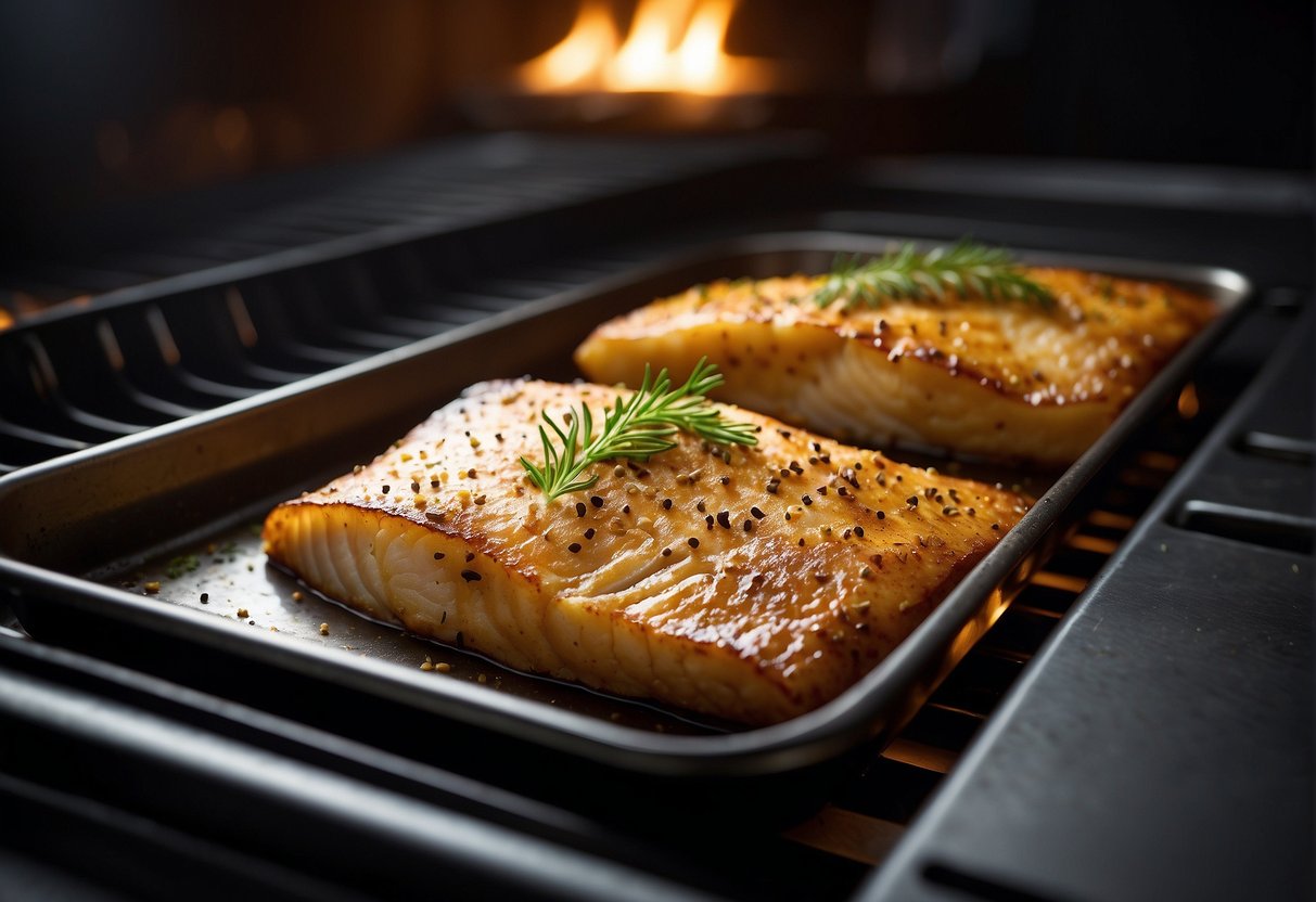 A golden-brown cod fillet sizzling in the oven, surrounded by aromatic spices and herbs. The fish is perfectly baked to tender, flaky perfection