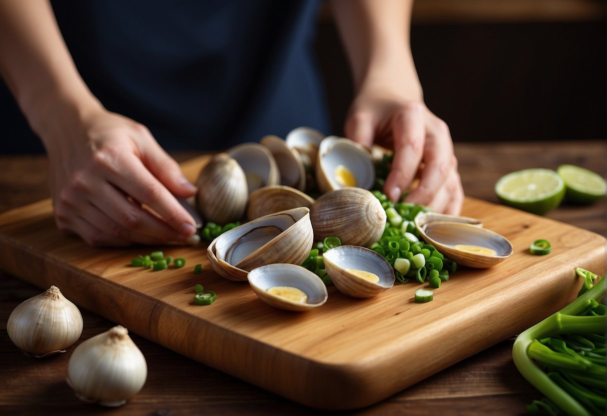 A hand reaches for fresh clams, ginger, garlic, and green onions on a wooden cutting board for a Chinese recipe