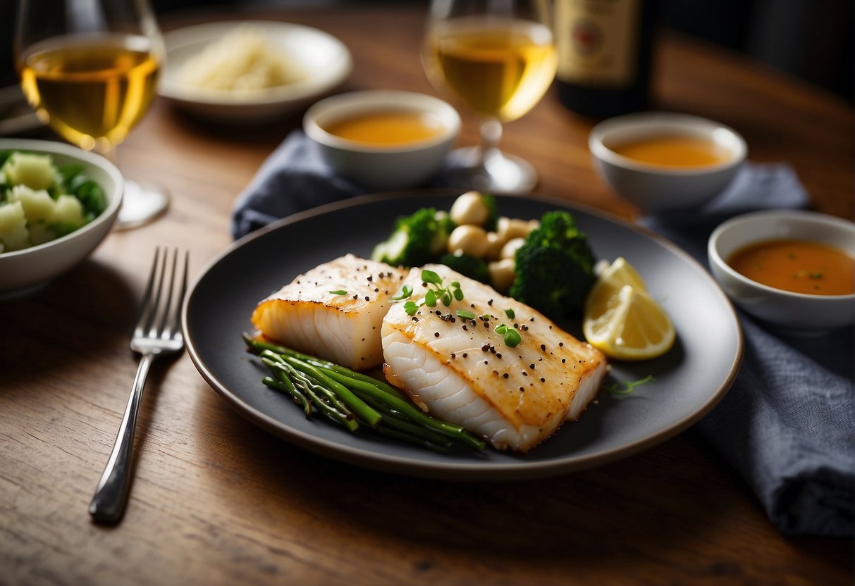 A platter of Chinese baked cod with a side of steamed vegetables, paired with a glass of white wine on a wooden dining table