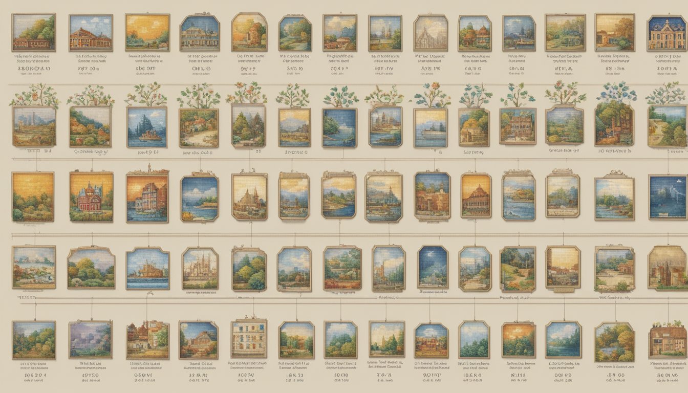A timeline of cross stitch patterns, from traditional to modern, displayed on a wall. Brand logos and historical imagery accompany each era