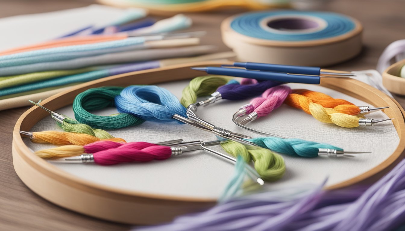A table with DMC embroidery floss, Aida fabric, embroidery hoop, and cross stitch needles