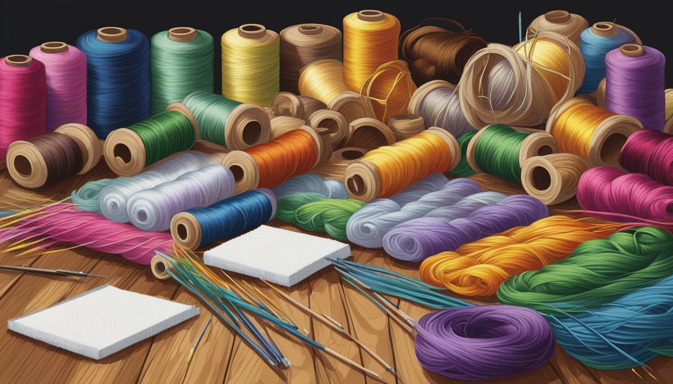 A colorful array of cross stitch threads, needles, and a blank canvas sit on a wooden table, ready to be transformed into a masterpiece
