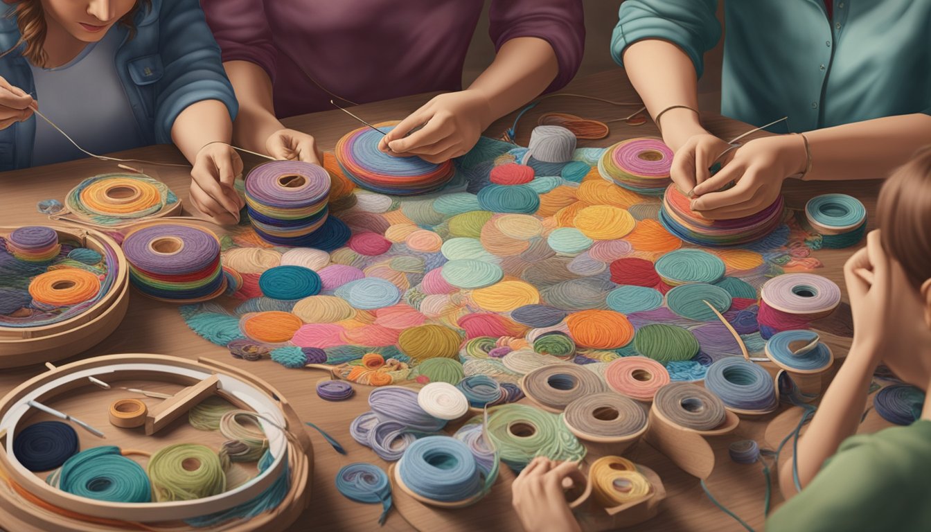 A group of individuals gather around a table, each holding a needle and thread, carefully stitching colorful patterns onto fabric. Thread spools and embroidery hoops are scattered across the table, creating a cozy and creative atmosphere