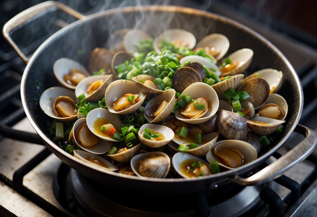 Clams stir-fried in a wok with ginger, garlic, and green onions. Steam rising, wok sizzling, ingredients tossed
