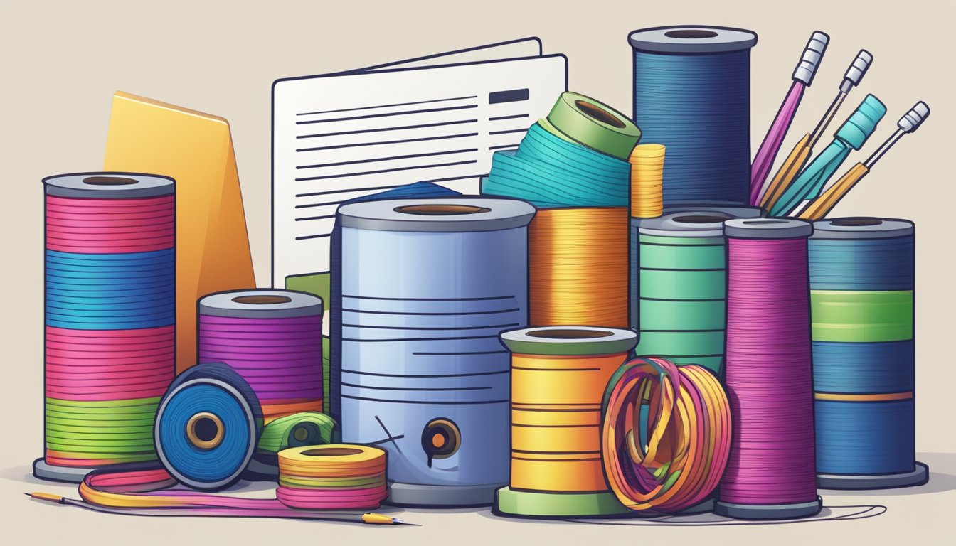 A colorful spool of thread and a needle, surrounded by a stack of FAQ cards and a computer screen displaying the brand's logo