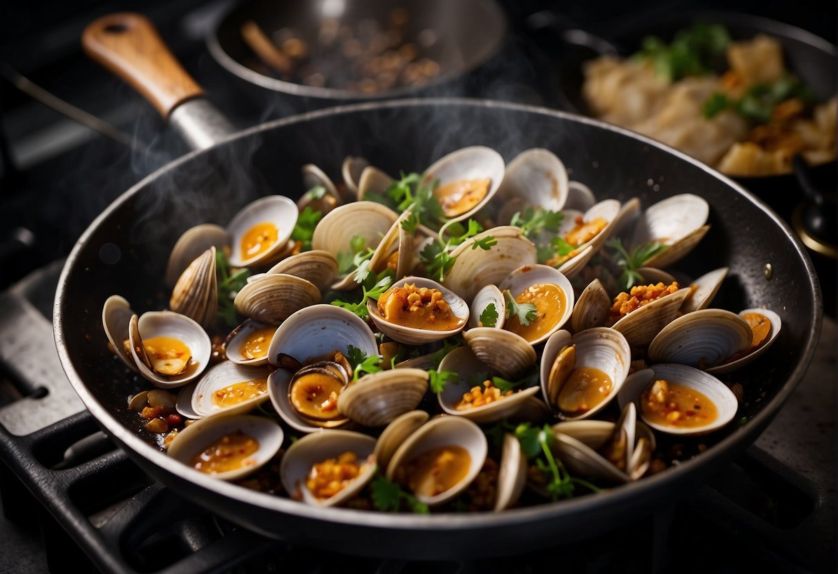 Clams being stir-fried in a wok with Chinese spices and sauces, creating a flavorful and aromatic dish
