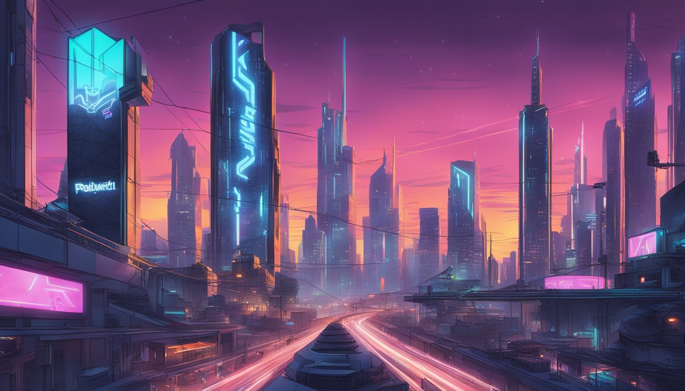 A futuristic city skyline with neon-lit billboards showcasing "Project Killswitch" and its impact on the brand