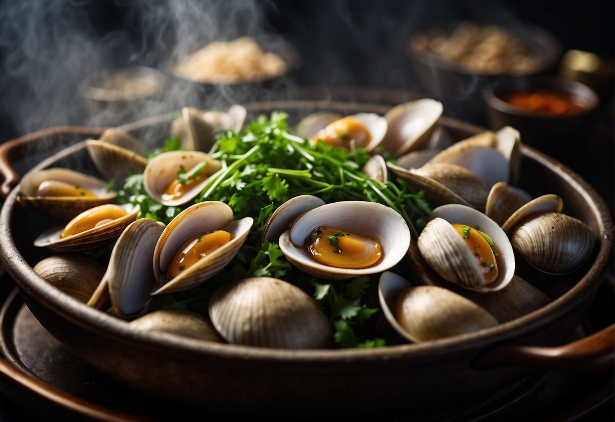 Clams are arranged in a steaming basket, surrounded by ginger, scallions, and chili. A chef drizzles soy sauce over the clams, adding a final touch of cilantro