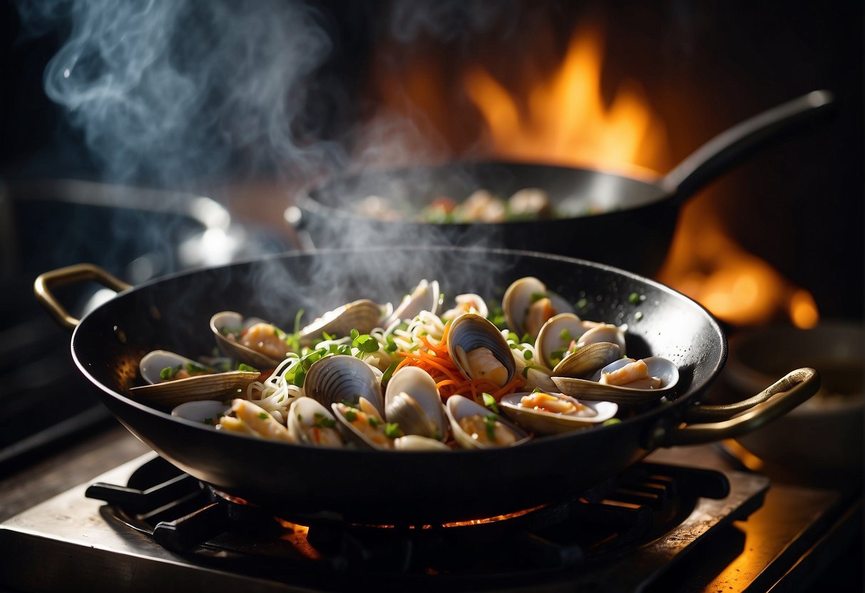 A steaming wok sizzles with fresh clams, ginger, and garlic, as a chef adds a splash of soy sauce and tosses them in a fragrant Chinese sauce