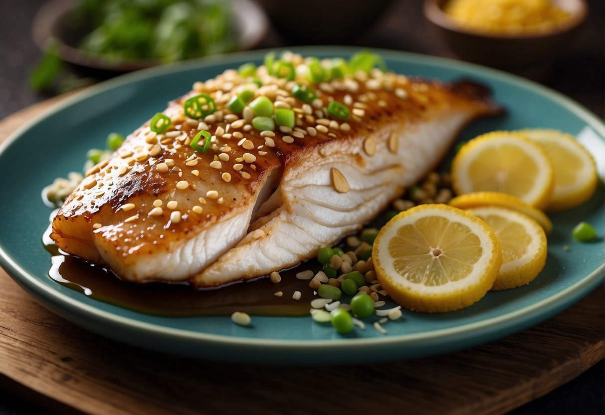 A whole fish fillet is marinated in a blend of soy sauce, ginger, and garlic, then baked until golden and flaky. The dish is garnished with fresh scallions and sesame seeds for a vibrant finish
