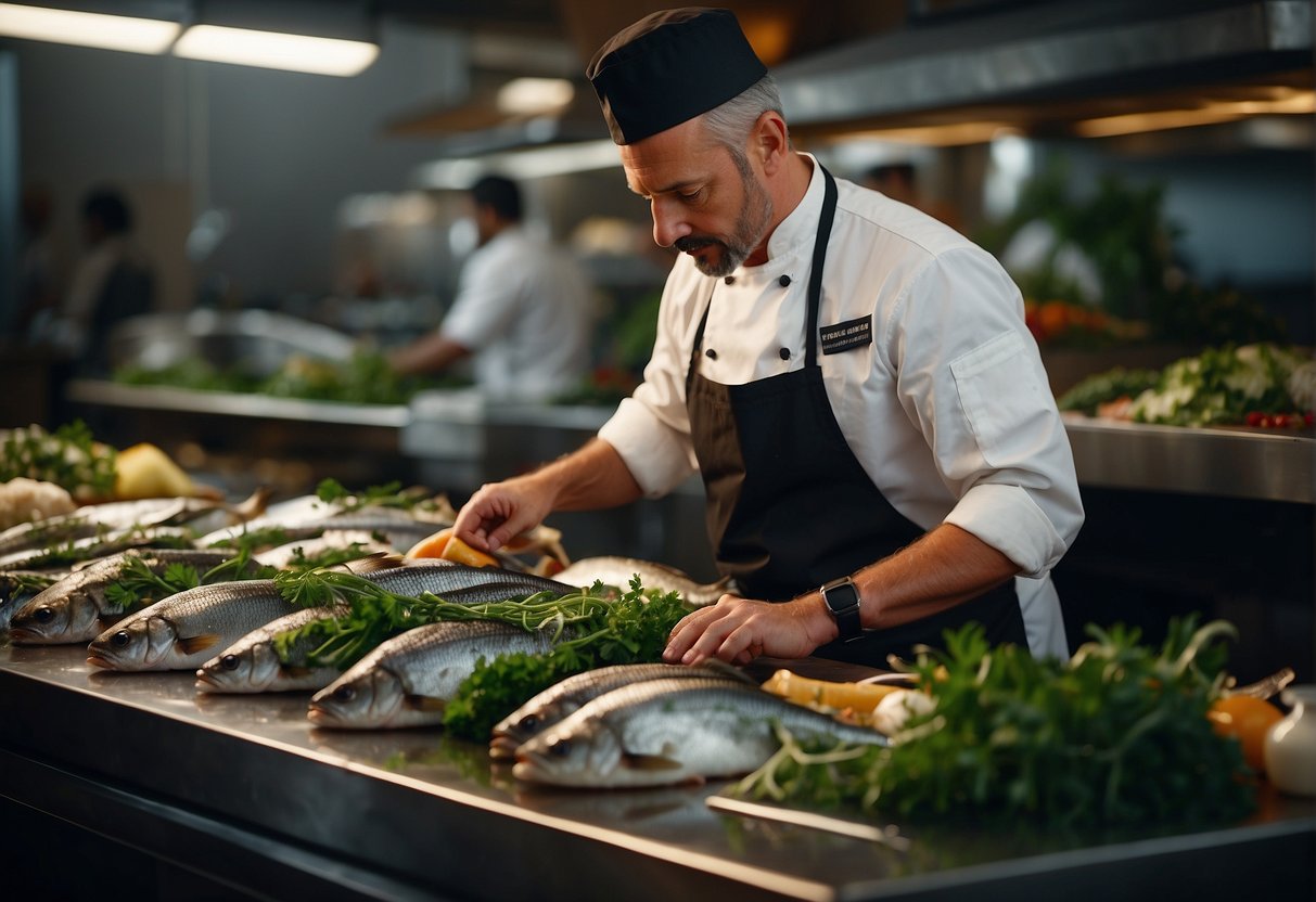 A chef carefully selects a fresh fish from a market display, surrounded by various herbs and spices. The fish is then expertly prepared and baked to perfection, resulting in a mouthwatering dish