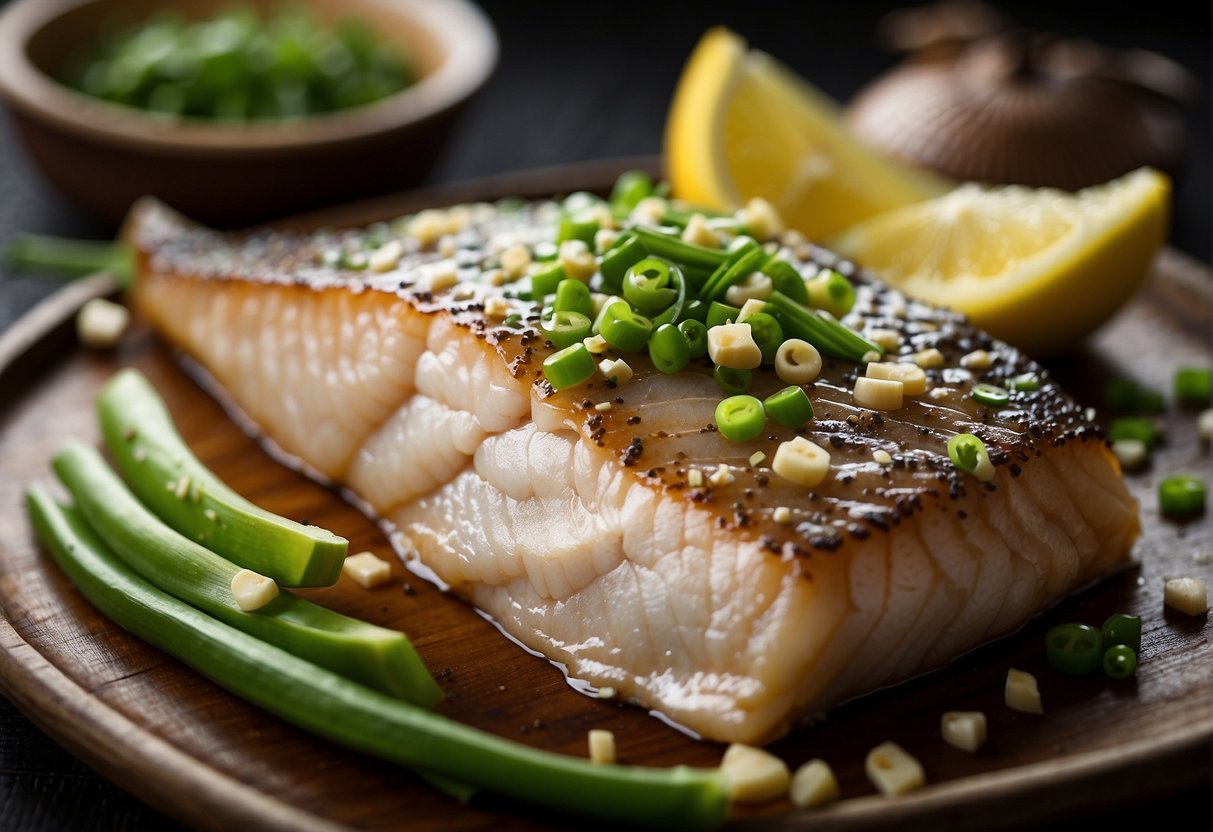 A whole fish fillet surrounded by ginger, garlic, and scallions, with soy sauce and sesame oil. Possible substitutions include using different types of fish or adjusting the seasoning to taste