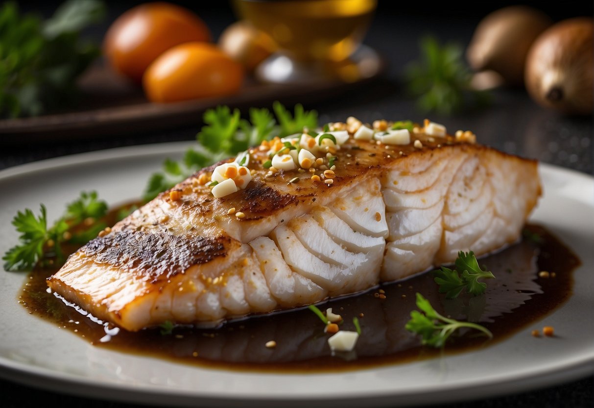 A whole fish fillet is marinated in soy sauce, garlic, and ginger, then coated in a mixture of cornstarch and spices before being baked to perfection