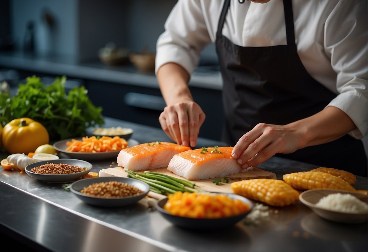 A chef preparing Chinese baked fish fillet with a variety of ingredients and spices on a clean, organized kitchen counter