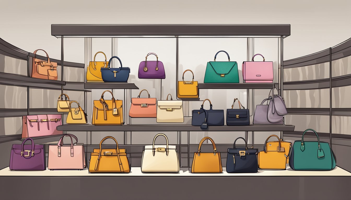 A display of designer handbags at discounted prices, showcasing various brands and styles for a clearance sale