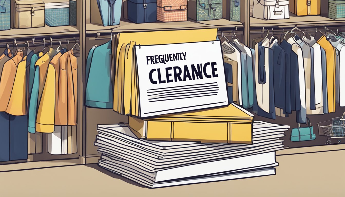 A stack of designer brand clearance items with a "Frequently Asked Questions" sign displayed prominently