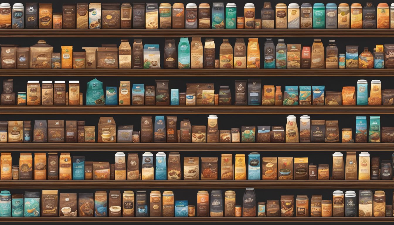 Various coffee brands line the shelves, each with distinct packaging and logos. Aromatic steam rises from freshly brewed cups, showcasing the diverse range of flavors and roasts available
