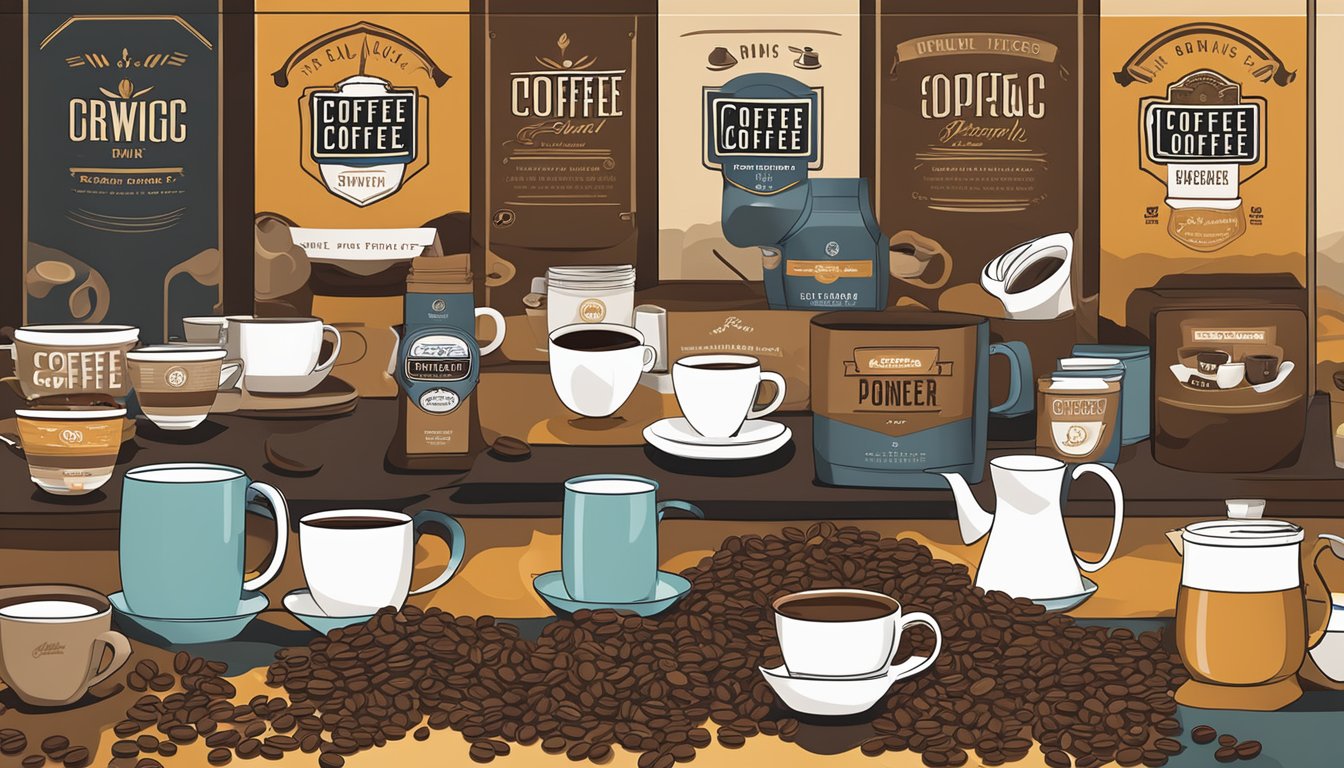 A table displays various coffee brands' packaging and logo designs. Cups, beans, and brewing equipment surround the display