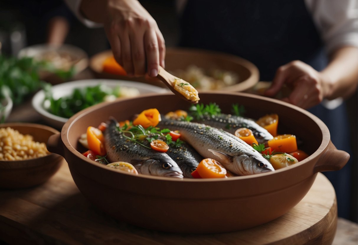 A chef carefully selects fresh fish, marinates it in savory Chinese seasonings, and bakes it to perfection in a traditional clay pot