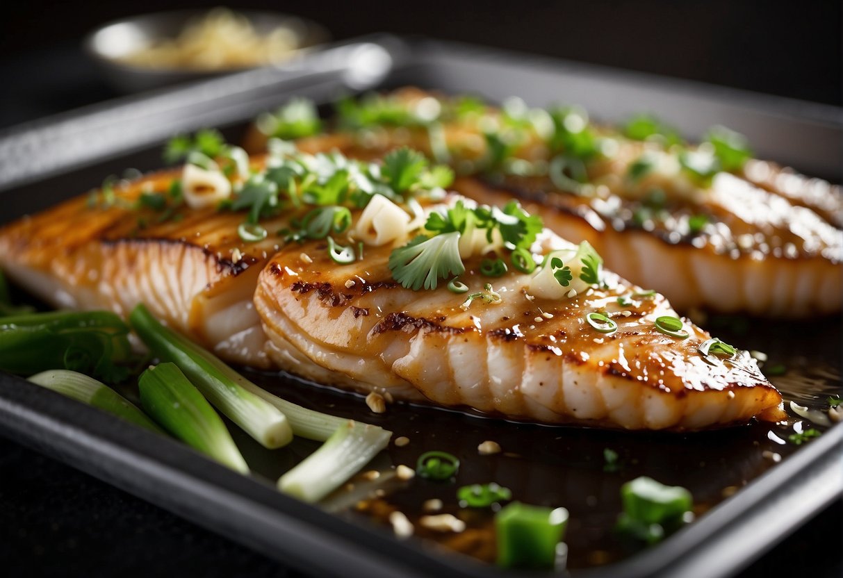 Fresh fish marinated in soy sauce, ginger, and garlic. Sprinkled with green onions and cilantro. Placed on a baking sheet and baked until golden and crispy