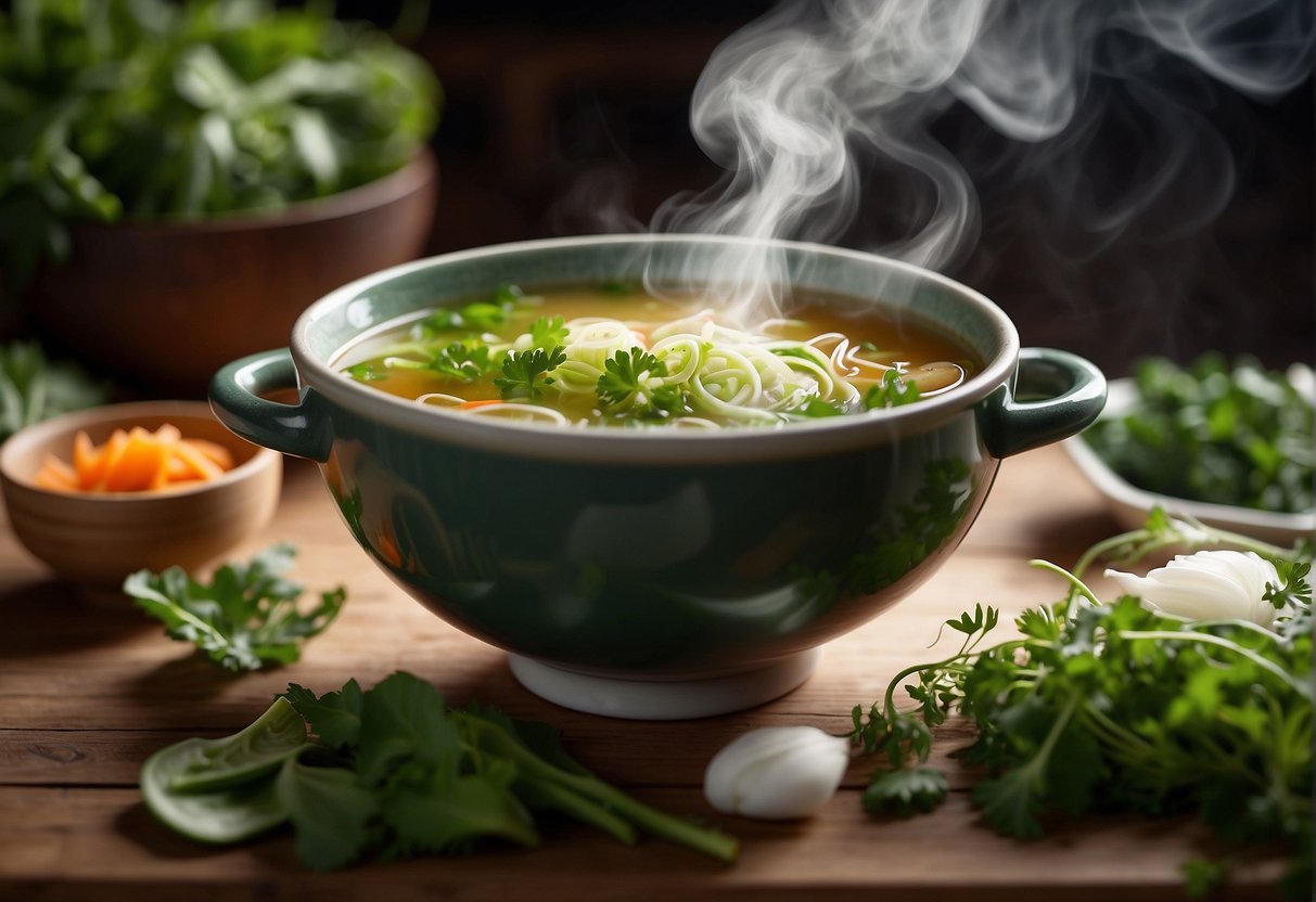 A steaming bowl of clear Chinese vegetable soup sits on a wooden table, surrounded by fresh green vegetables and aromatic herbs