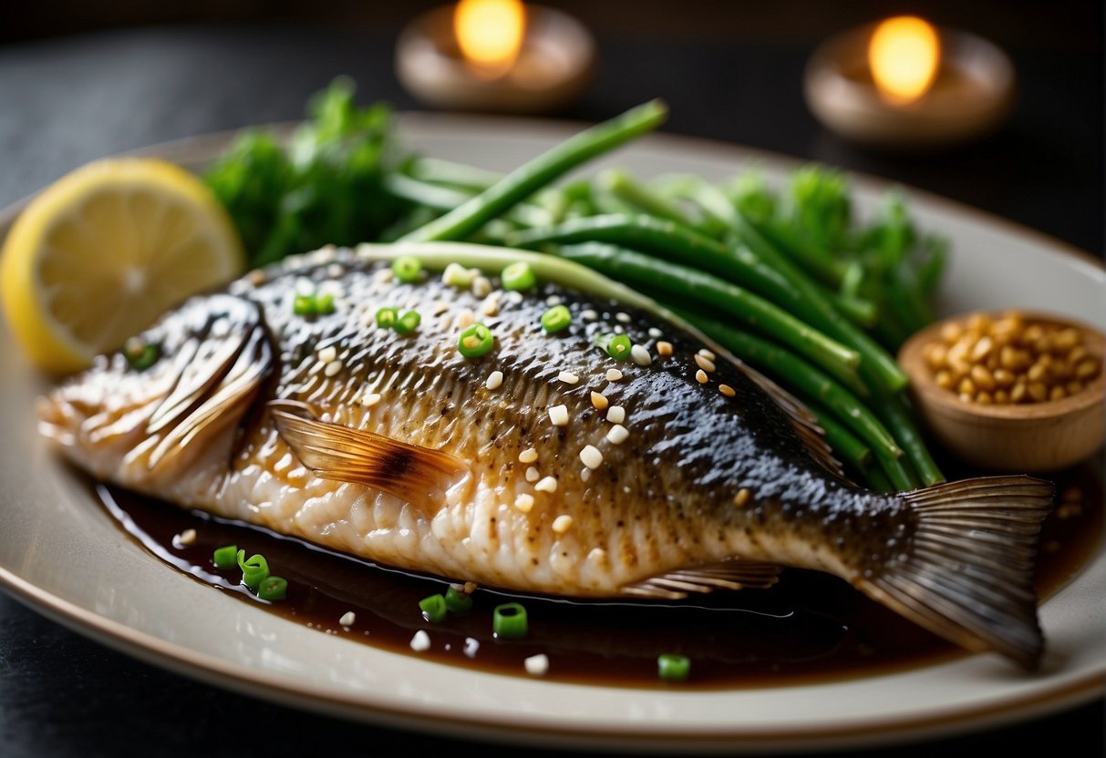 A whole fish marinated in soy sauce, ginger, and garlic, then baked to perfection. The fish is garnished with green onions and sesame seeds, creating a delicious and visually appealing dish