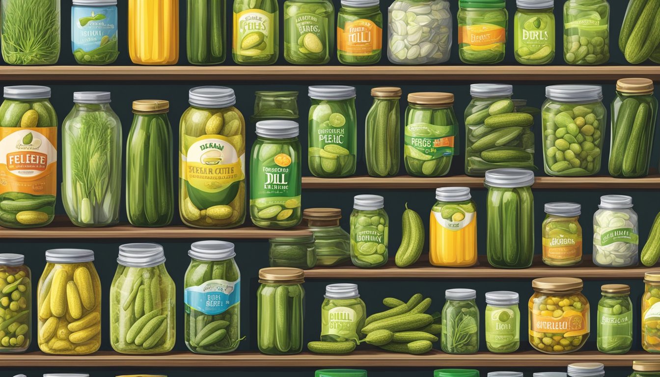 Various dill pickle brands arranged on a shelf, with colorful labels and different sized jars