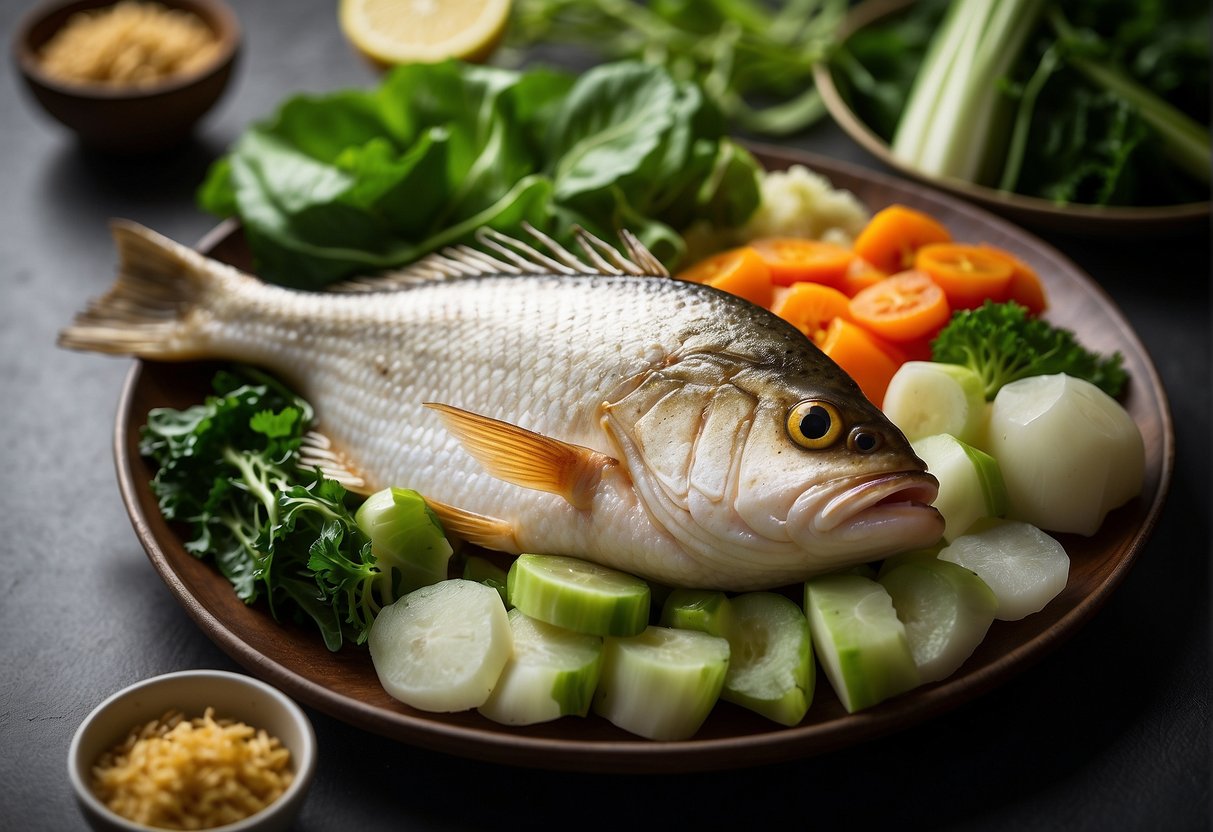 A golden-brown whole fish sits on a bed of vibrant green steamed bok choy, surrounded by small dishes of pickled vegetables and fragrant rice