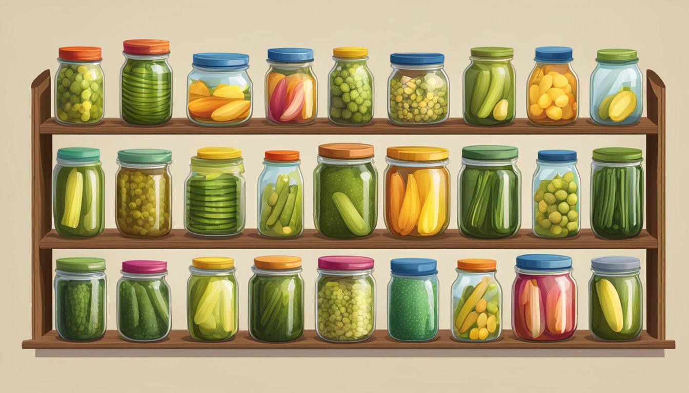 A variety of dill pickle jars lined up on a wooden shelf, each with colorful labels and different sizes and shapes