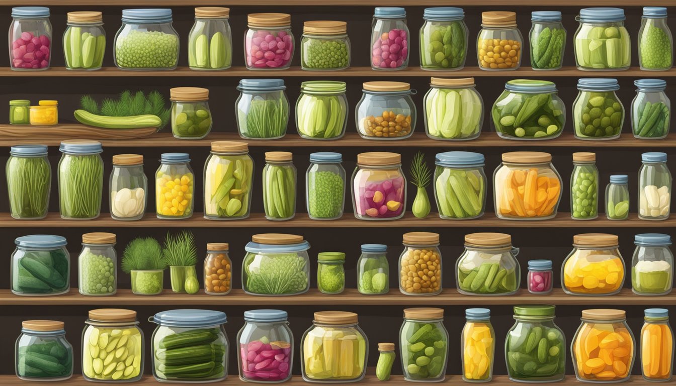 A variety of dill pickle jars displayed on a wooden shelf, with colorful labels and different sized jars