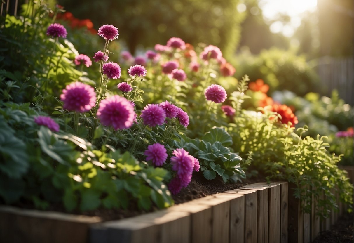Vibrant flowers and lush greenery overflow from raised garden beds, nestled against a backdrop of a charming rustic fence and dappled sunlight