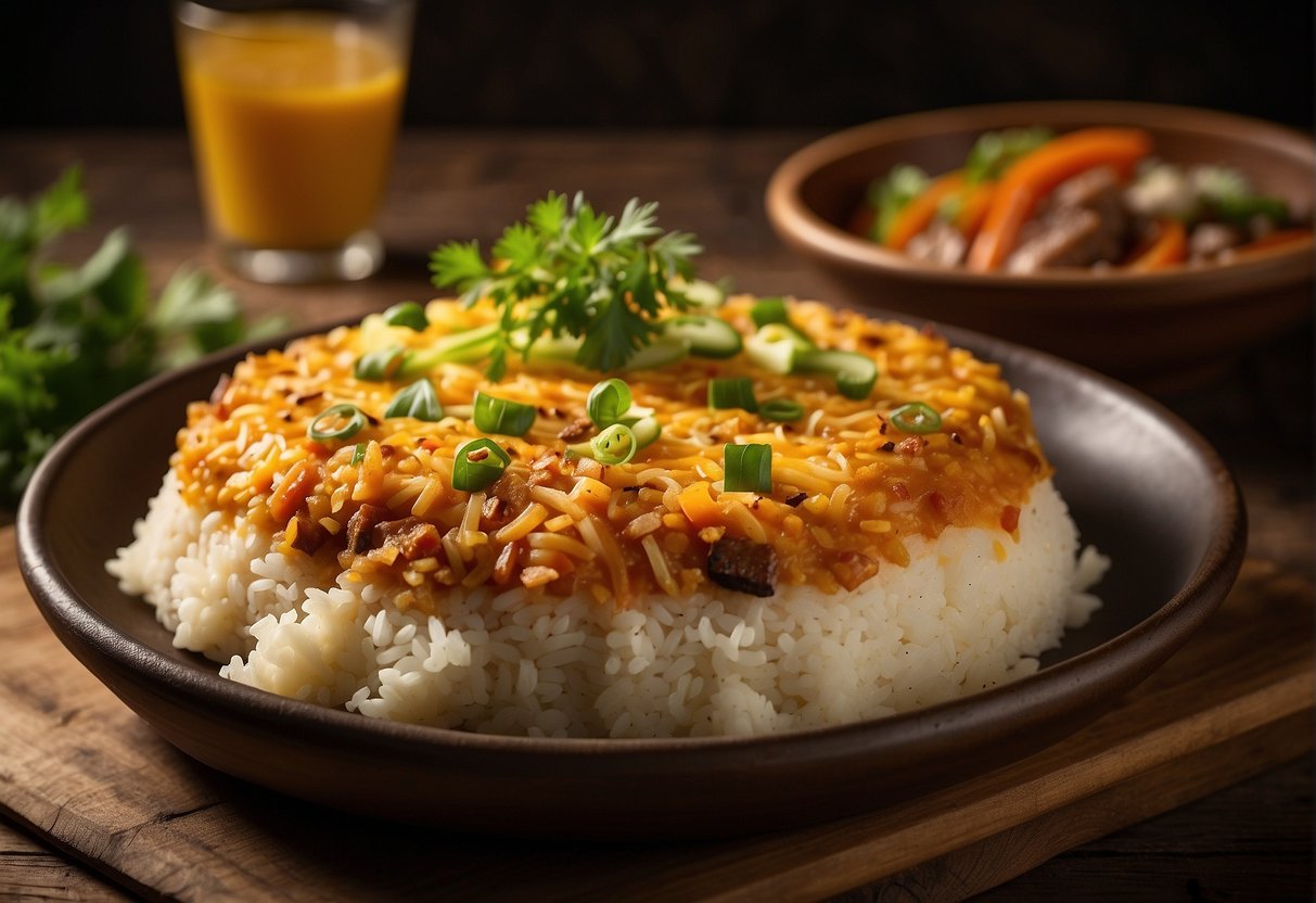 A steaming hot plate of Chinese baked rice, topped with savory meat, vegetables, and a golden-brown layer of melted cheese, sits on a rustic wooden table