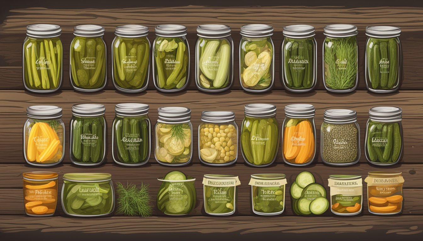 A variety of dill pickles, showcasing different flavor profiles and ingredients, are arranged on a rustic wooden board. Labels display the brand names