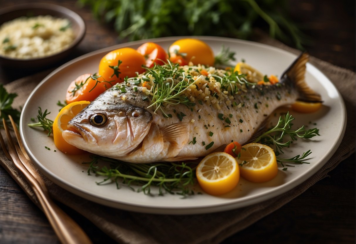 A whole baked fish garnished with fresh herbs and sliced vegetables is elegantly presented on a decorative platter with a side of savory sauce