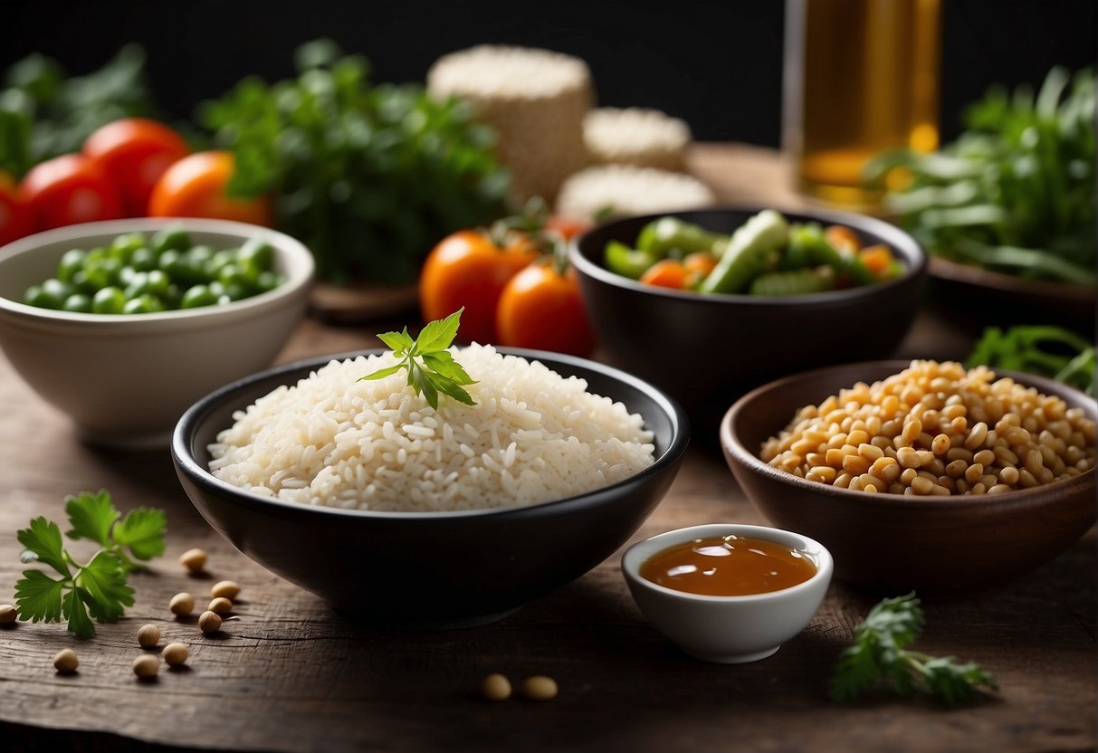 A table with ingredients: rice, soy sauce, vegetables, and meat. Substitutes: tofu, quinoa, and gluten-free soy sauce