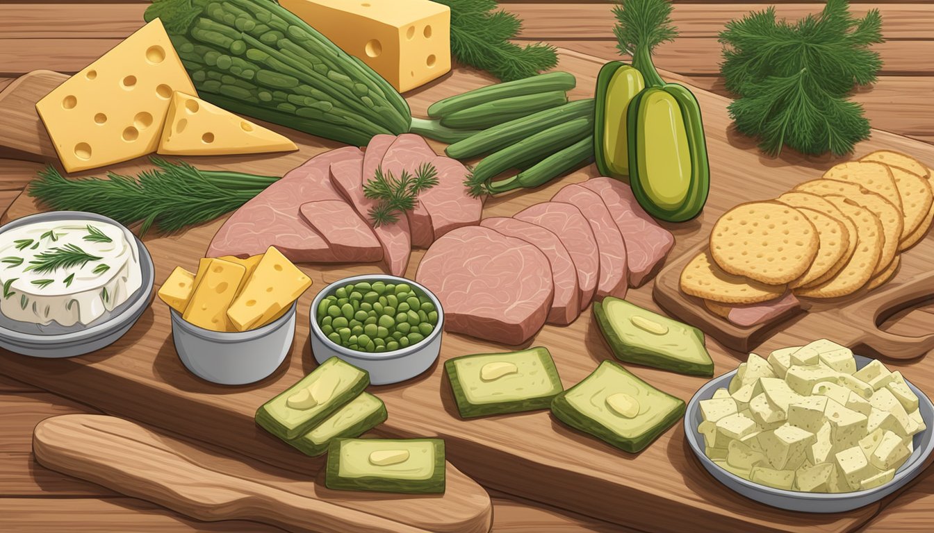 A variety of dill pickle brands displayed on a wooden cutting board with assorted cheese, crackers, and meats arranged around them