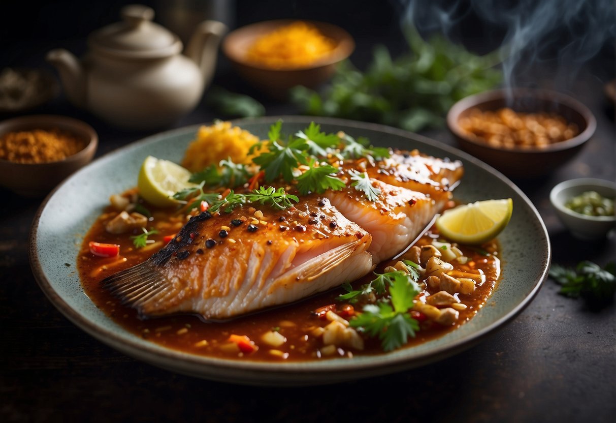 A whole fish baking in a flavorful Chinese sauce, surrounded by aromatic herbs and spices, with steam rising from the dish